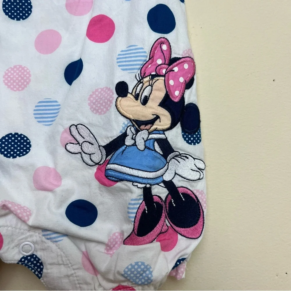 Disney‎ Baby Minnie Mouse  Polka Dot Romper Size 9-12M Pink Bows White Blue